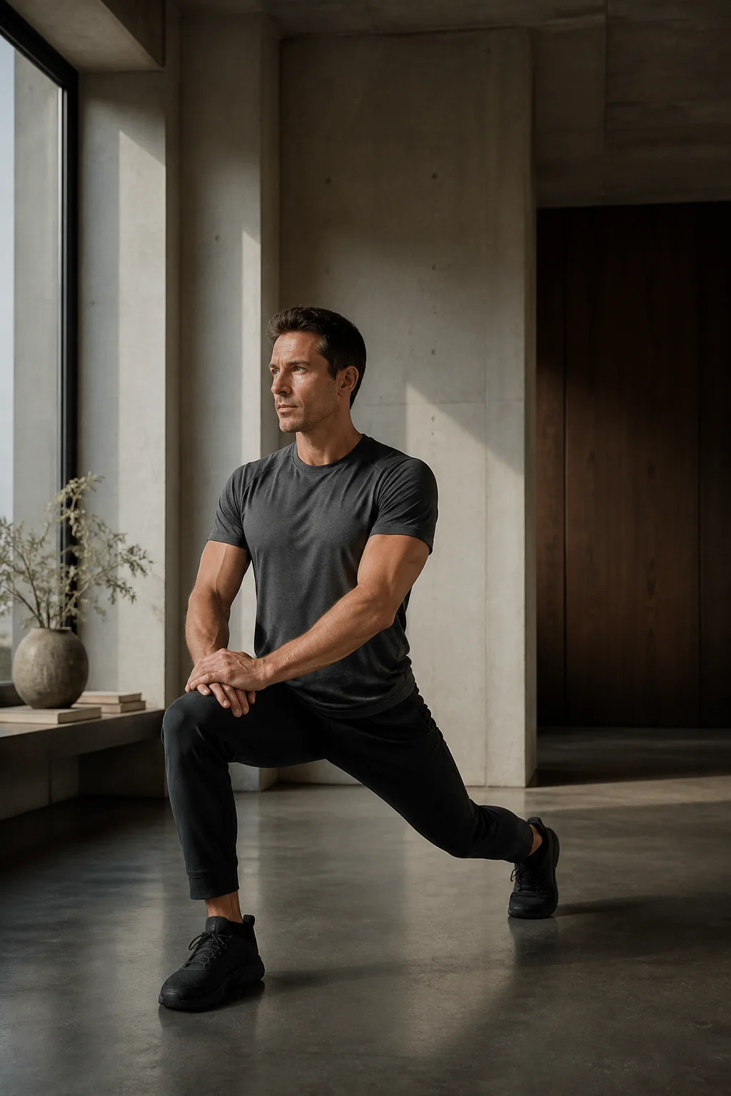 Athletic man doing a controlled mobility lunge in a concrete loft