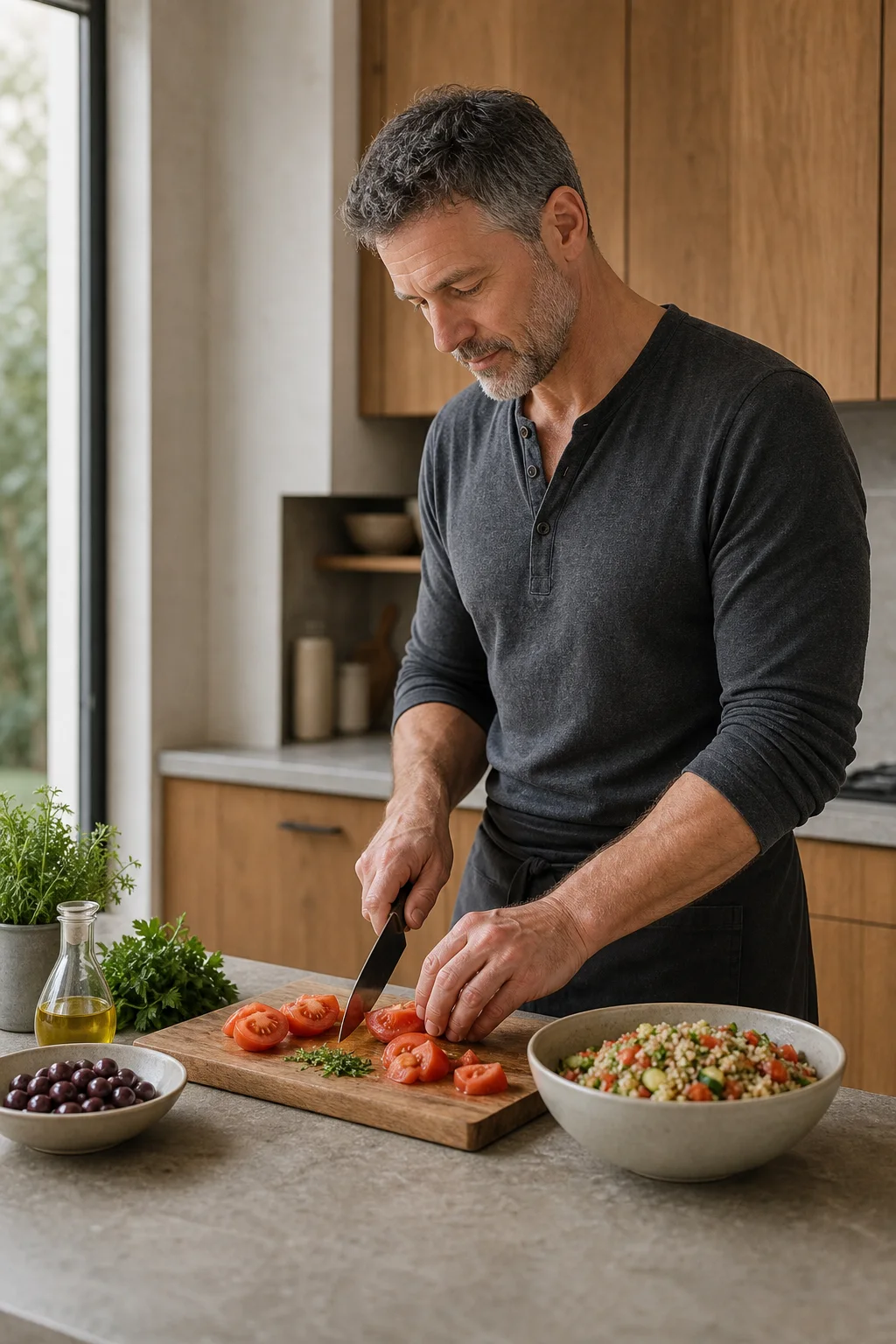 Man preparing a Mediterranean meal in a home kitchen
