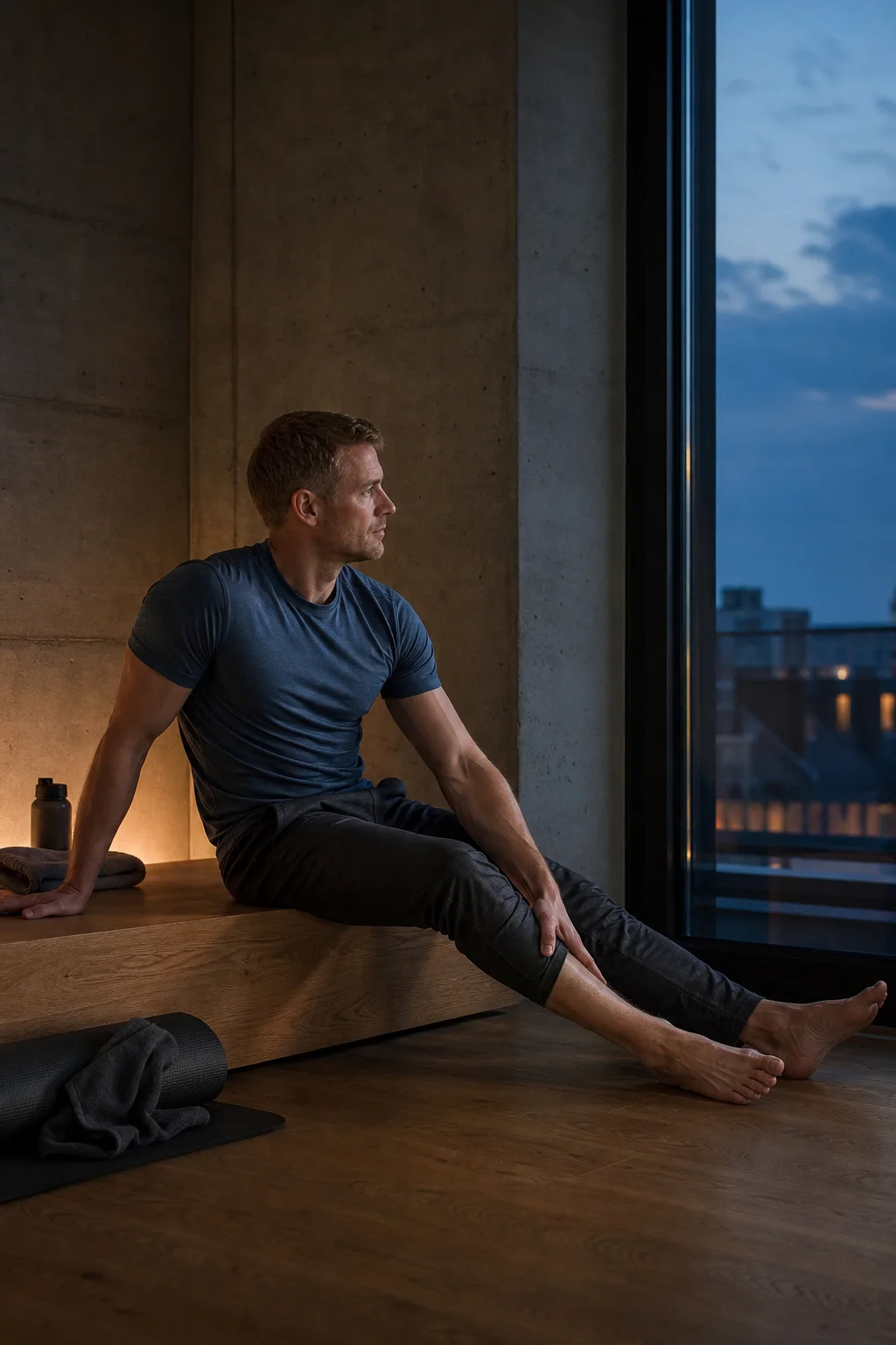Man stretching and recovering beside a window after training