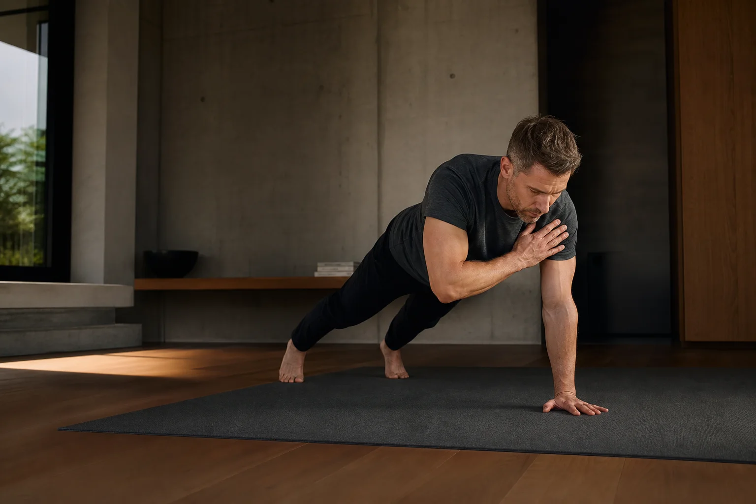 Man performing a controlled plank shoulder tap during a home workout